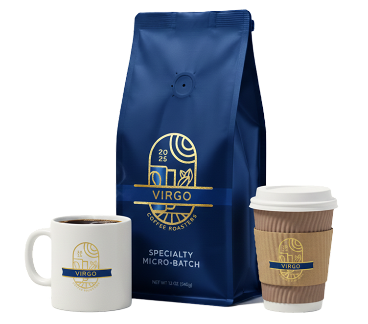 Virgo Coffee Roasters specialty micro-batch coffee bag, ceramic mug, and to-go cup with gold and navy branding