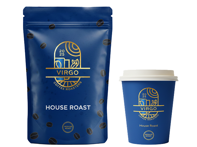 Virgo Coffee Roasters House Roast medium roast coffee pouch and matching navy blue paper cup with gold branding