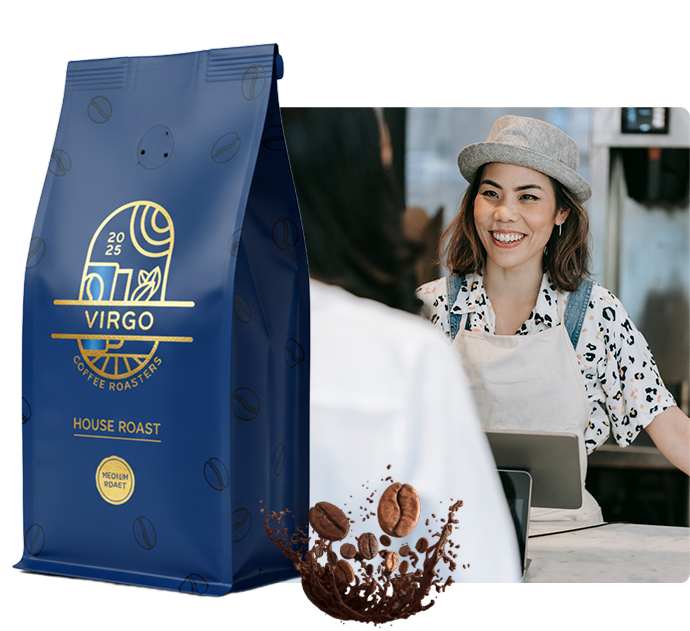 Virgo Coffee Roasters House Roast medium roast coffee bag beside a smiling barista at a café counterVirgo Coffee Roasters House Roast medium roast coffee bag beside a smiling barista at a café counter